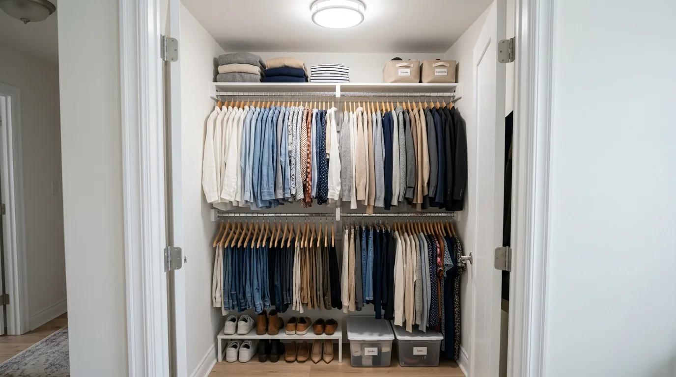 Small closet with double hanging rods and organized clothing